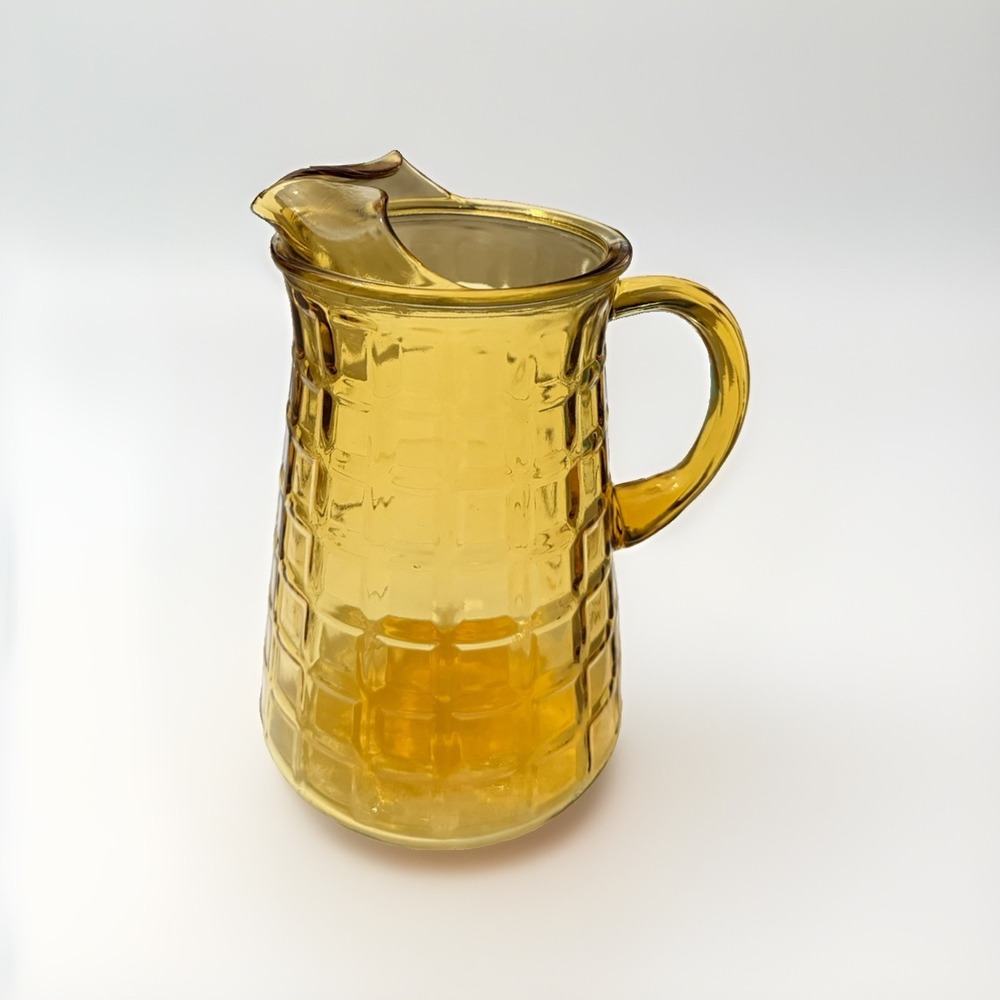 Vintage Anchor Hocking Water Pitcher Honey Gold Amber Glass Block Cube Ice Lip